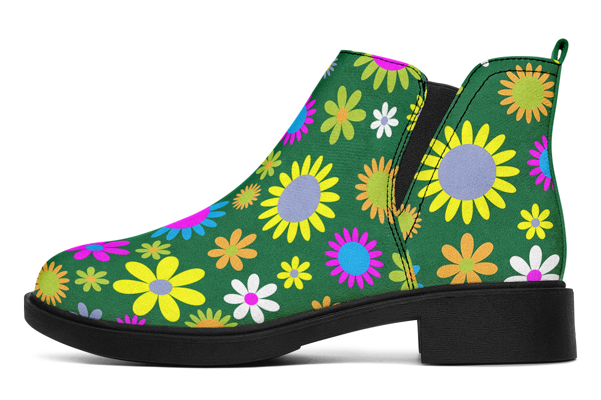 Green Retro Flowers Ankle Boots