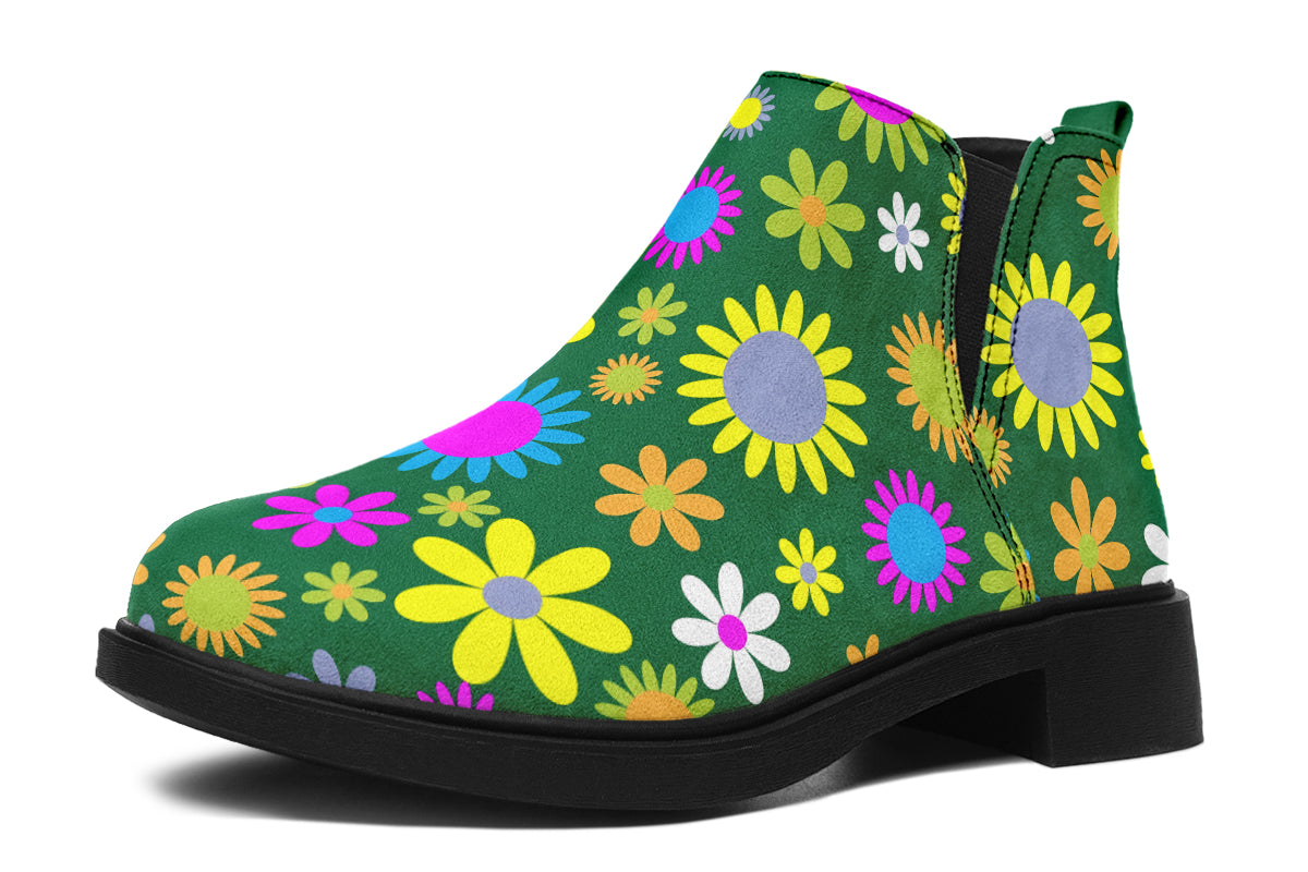 Green Retro Flowers Ankle Boots