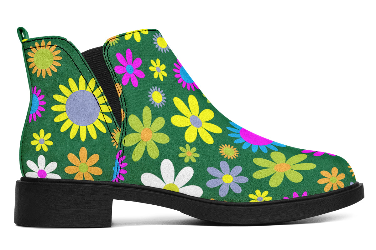 Green Retro Flowers Ankle Boots