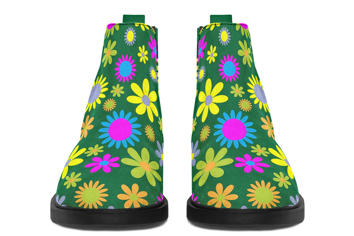 Green Retro Flowers Ankle Boots