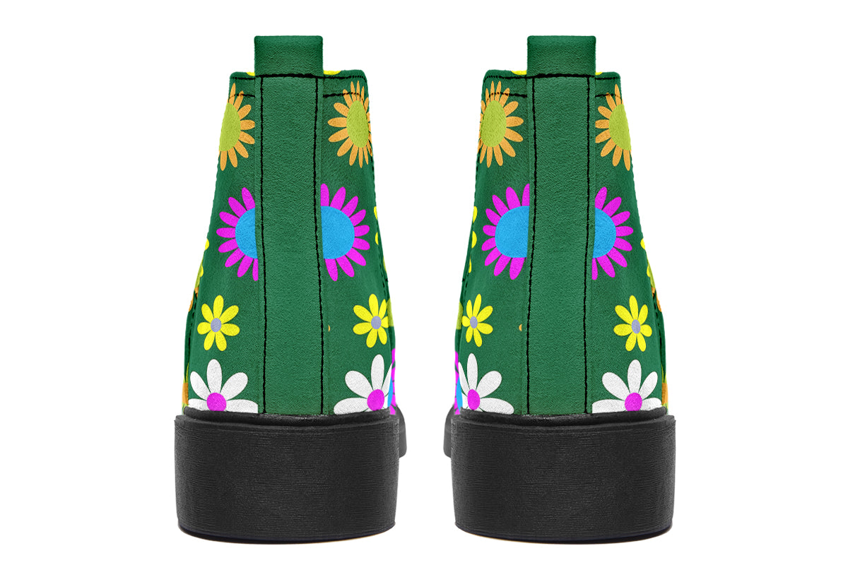 Green Retro Flowers Ankle Boots