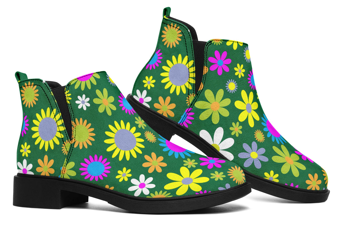 Green Retro Flowers Ankle Boots