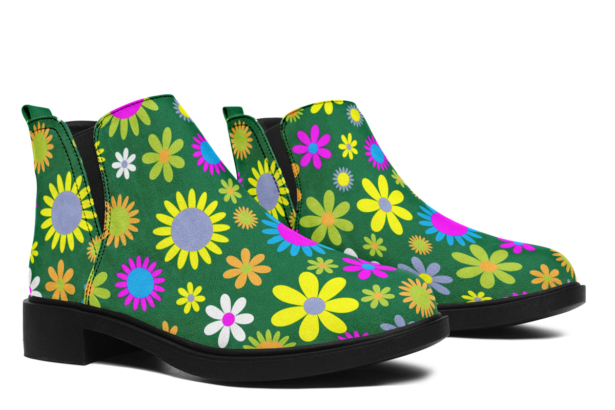 Green Retro Flowers Ankle Boots