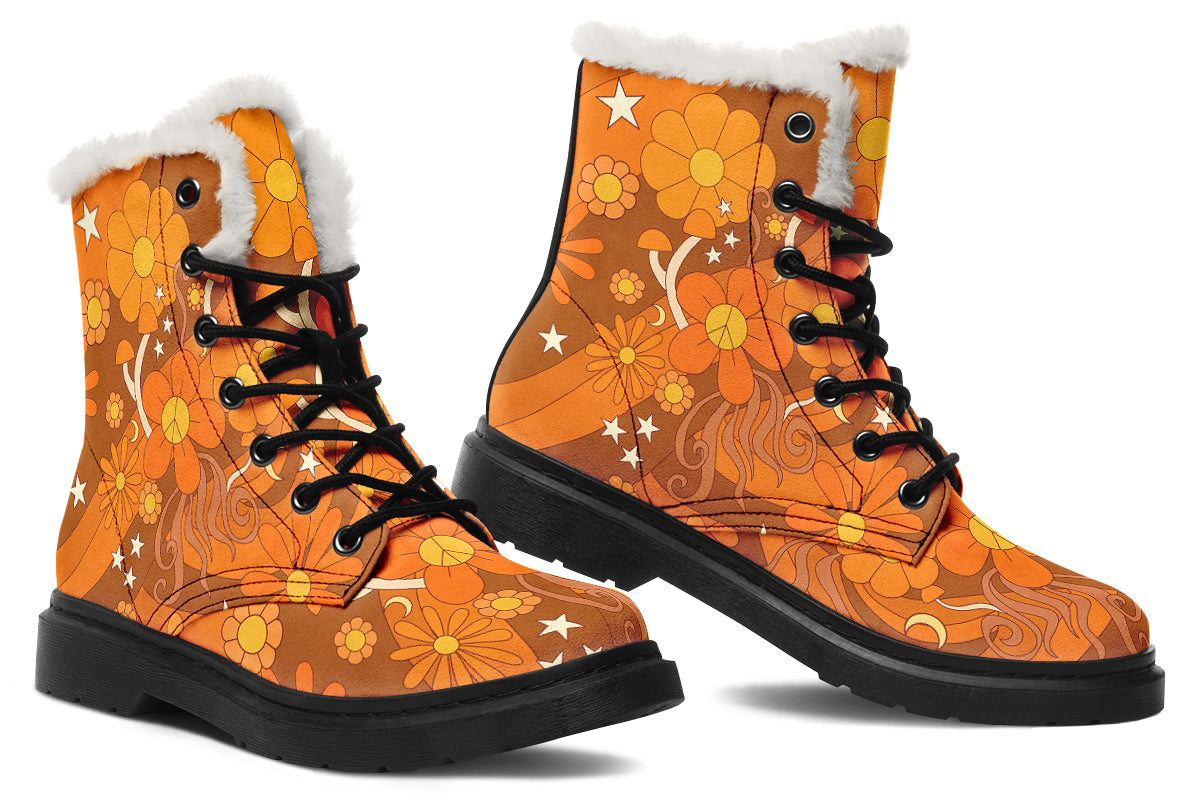 Molly's Orange Retro Daisies Faux Fur Boots