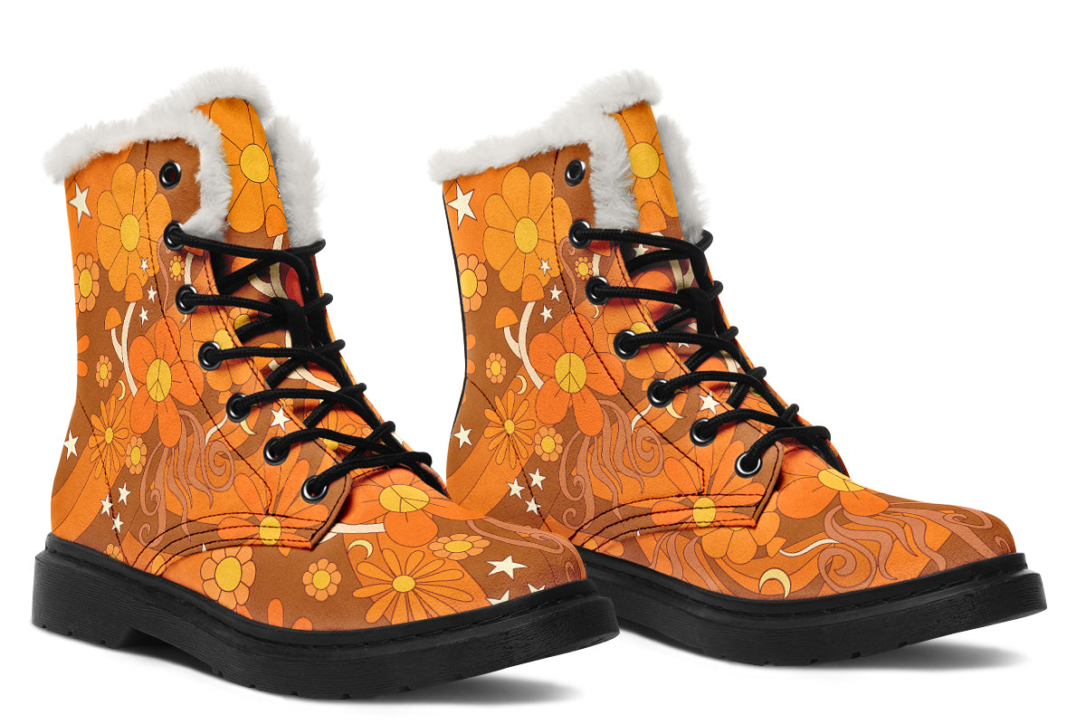 Molly's Orange Retro Daisies Faux Fur Boots