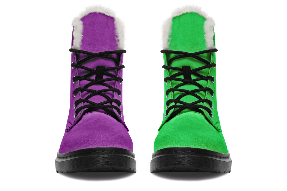 Green And Purple Mismatch Faux Fur Boots