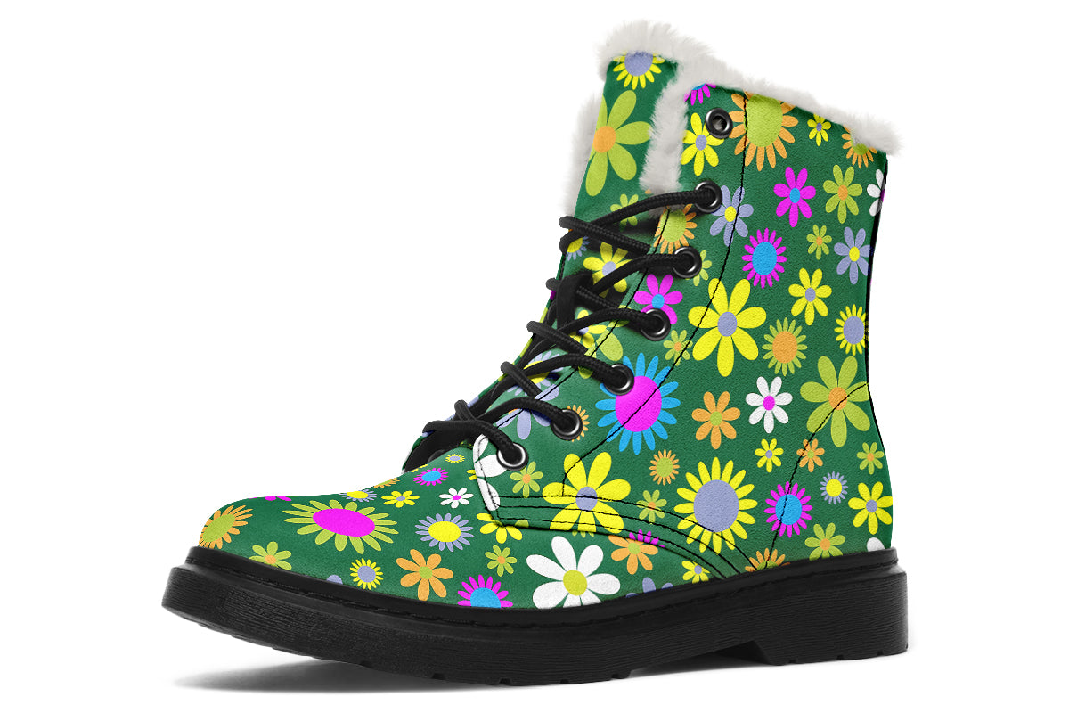 Green Retro Flowers Faux Fur Boots