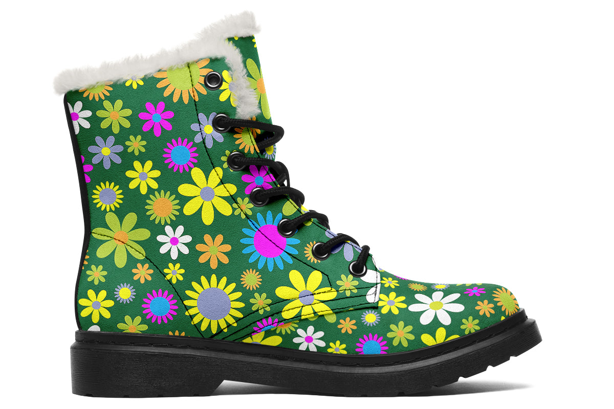 Green Retro Flowers Faux Fur Boots