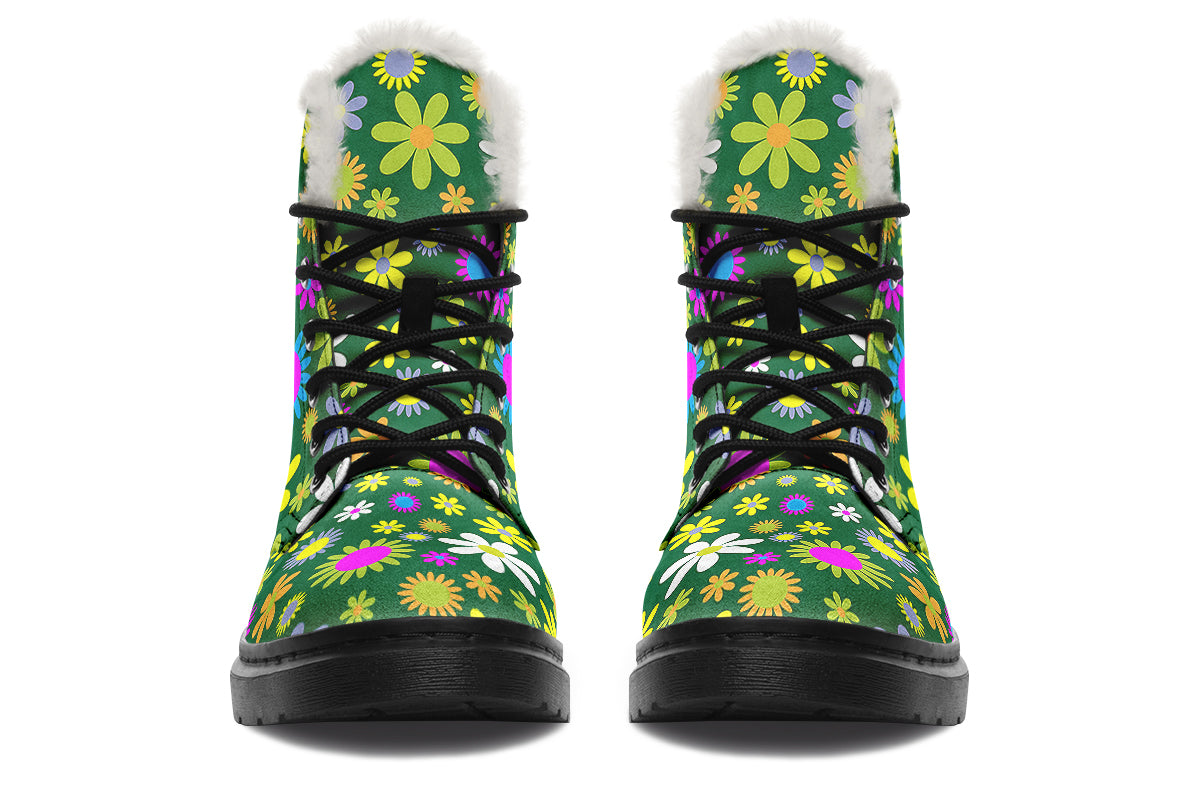 Green Retro Flowers Faux Fur Boots