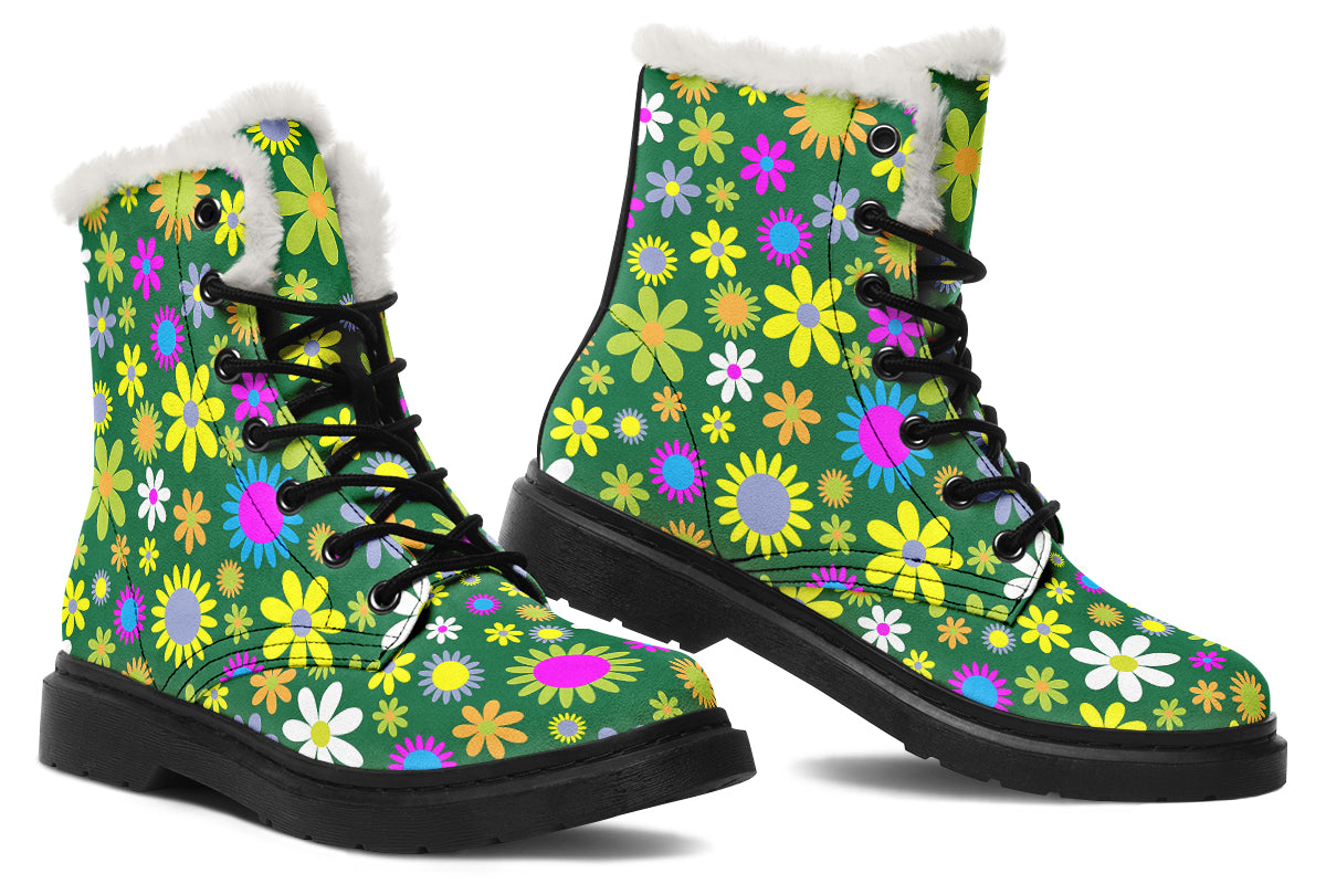 Green Retro Flowers Faux Fur Boots