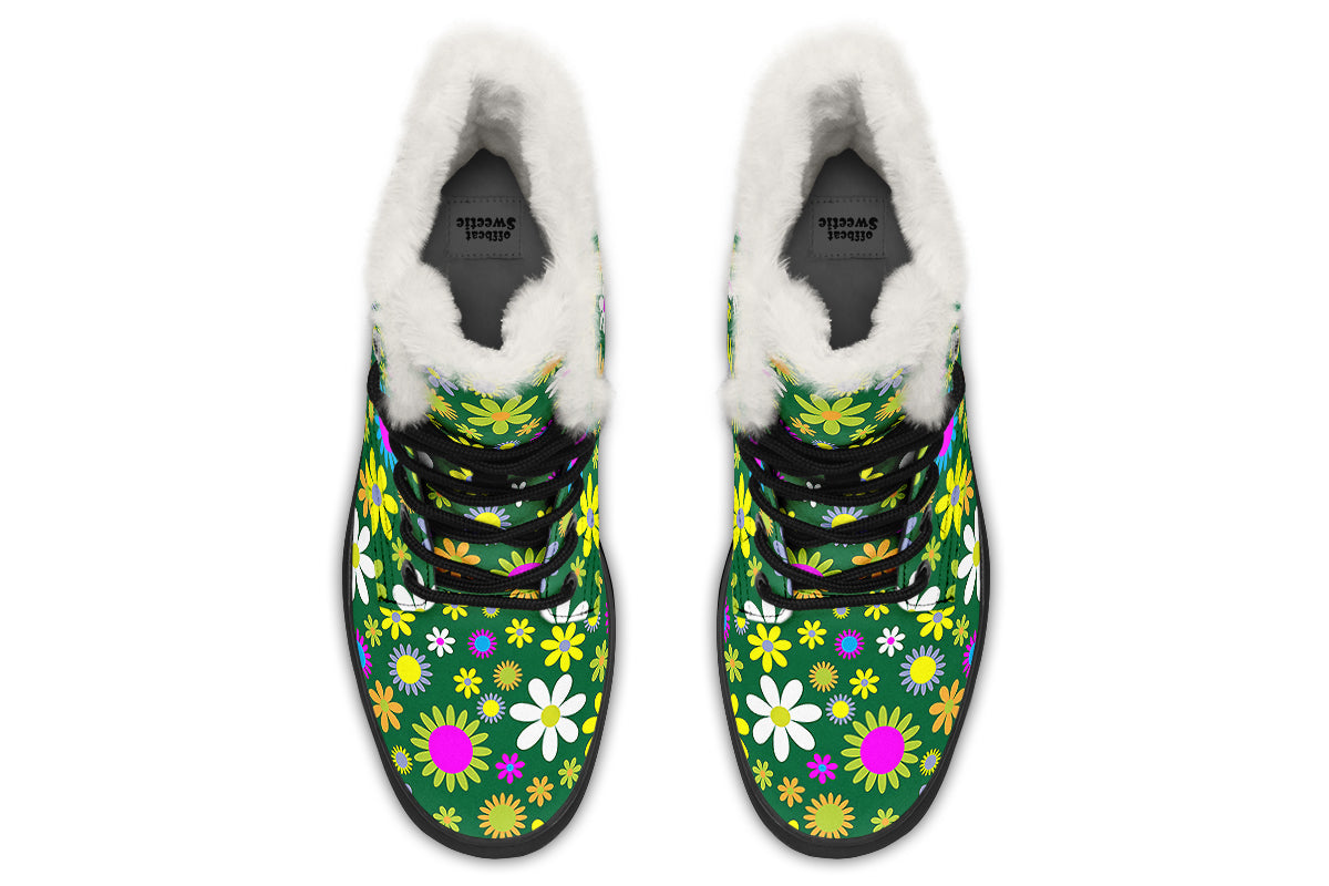 Green Retro Flowers Faux Fur Boots