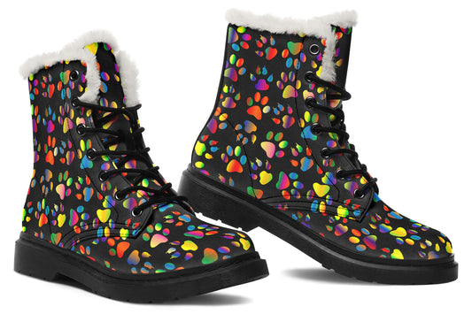 Rainbow Paw Prints Faux Fur Boots