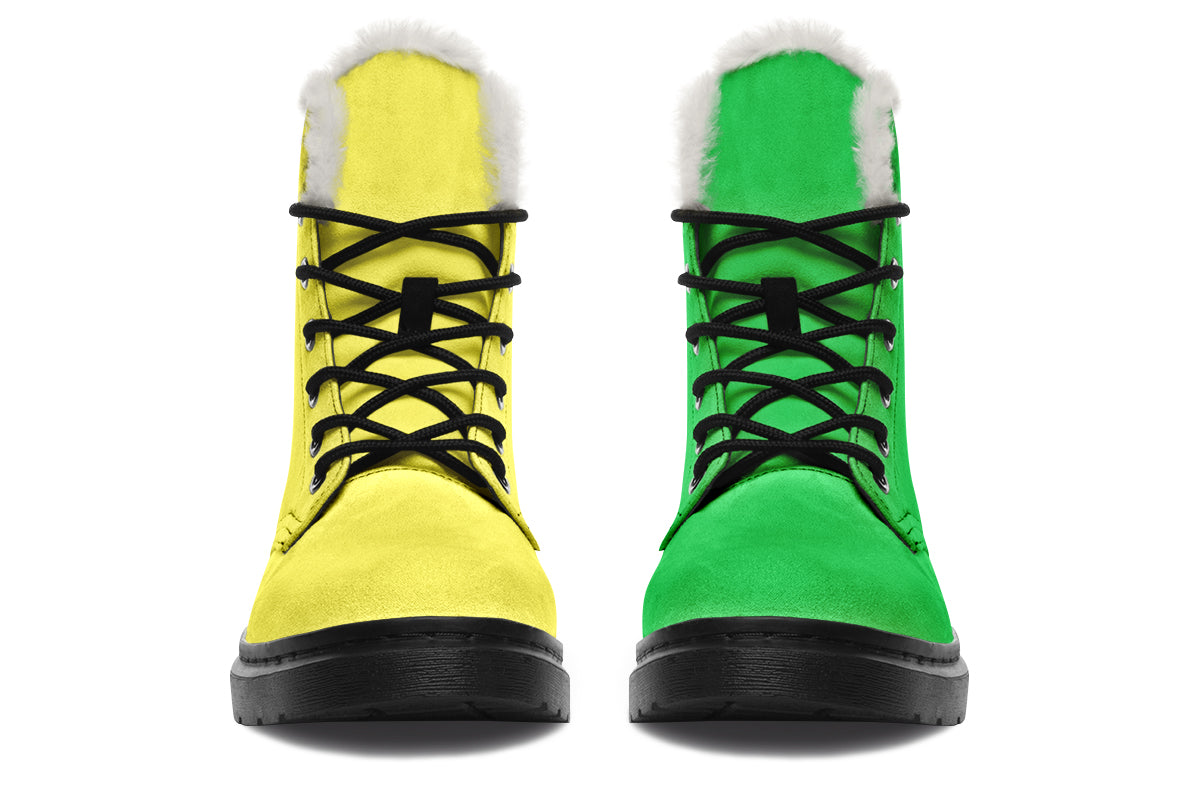 Yellow And Green Mismatch Faux Fur Boots