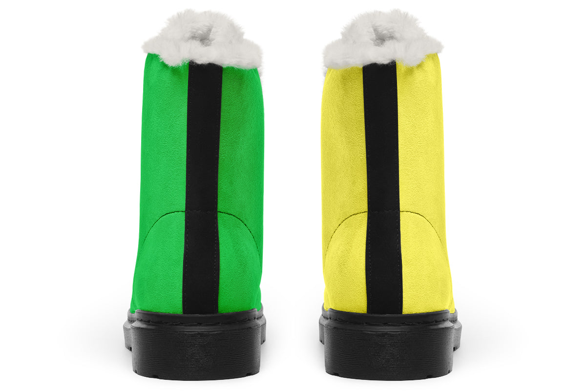 Yellow And Green Mismatch Faux Fur Boots