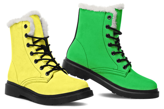 Yellow And Green Mismatch Faux Fur Boots