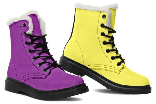 Yellow And Purple Mismatch Faux Fur Boots