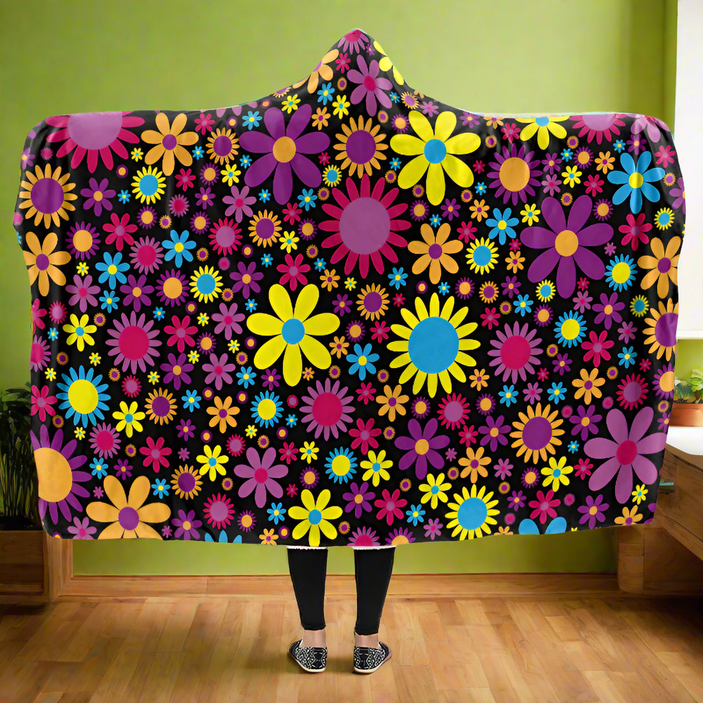 Funky Retro Flowers Hooded Blanket