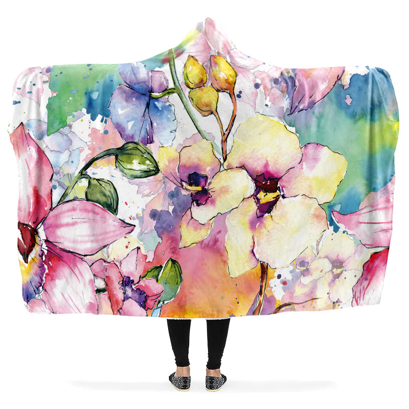 Watercolour Flowers Hooded Blanket