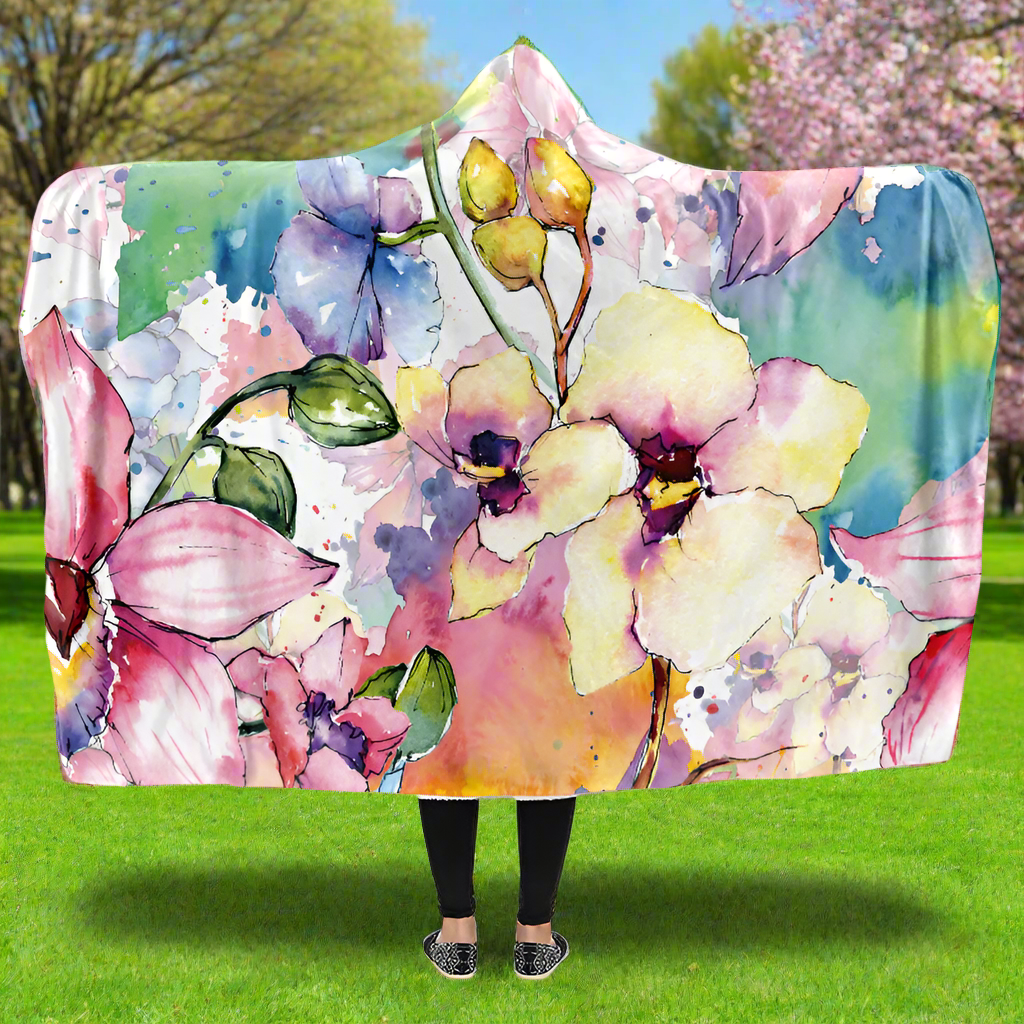 Watercolour Flowers Hooded Blanket