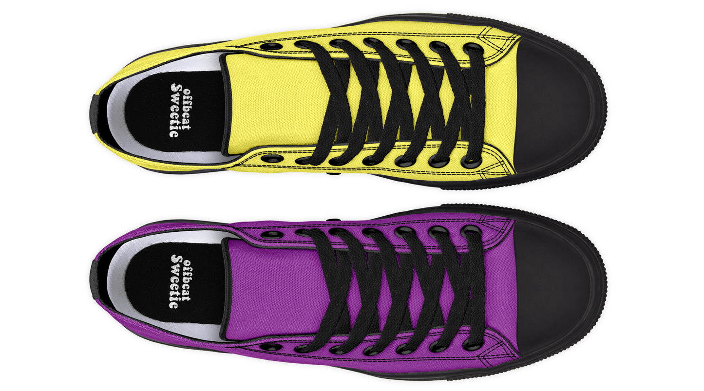 Yellow And Purple Mismatched Low Tops