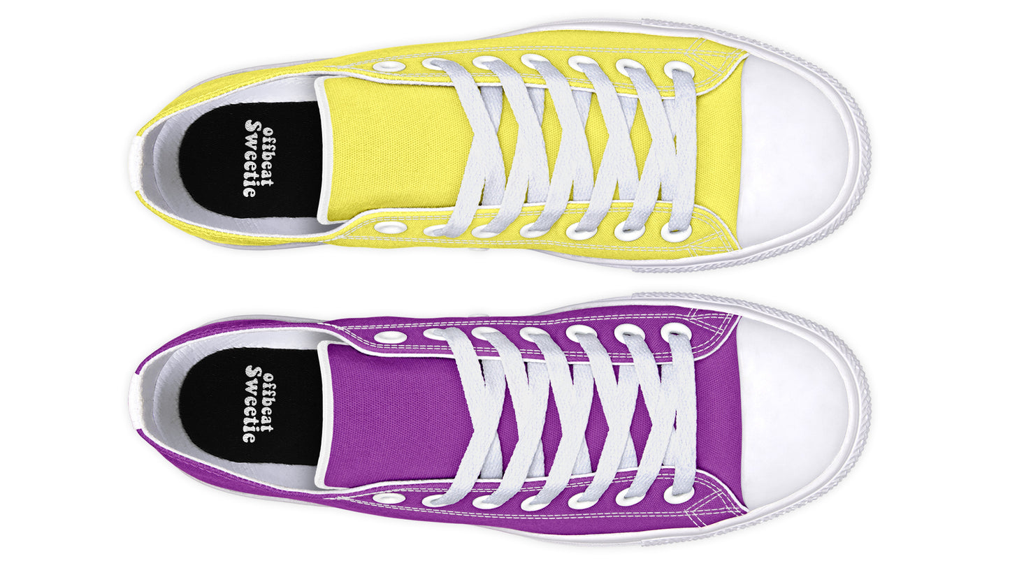 Yellow And Purple Mismatched Low Tops