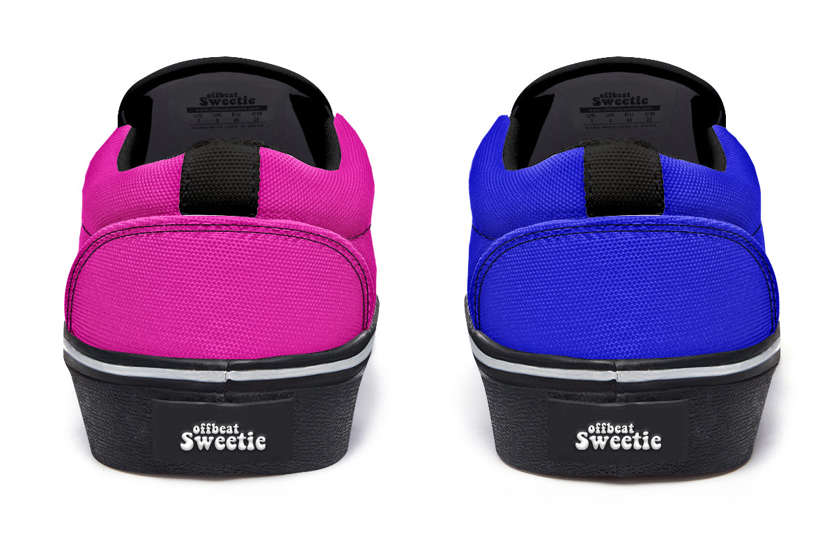 Blue And Pink Mismatch Slip Ons