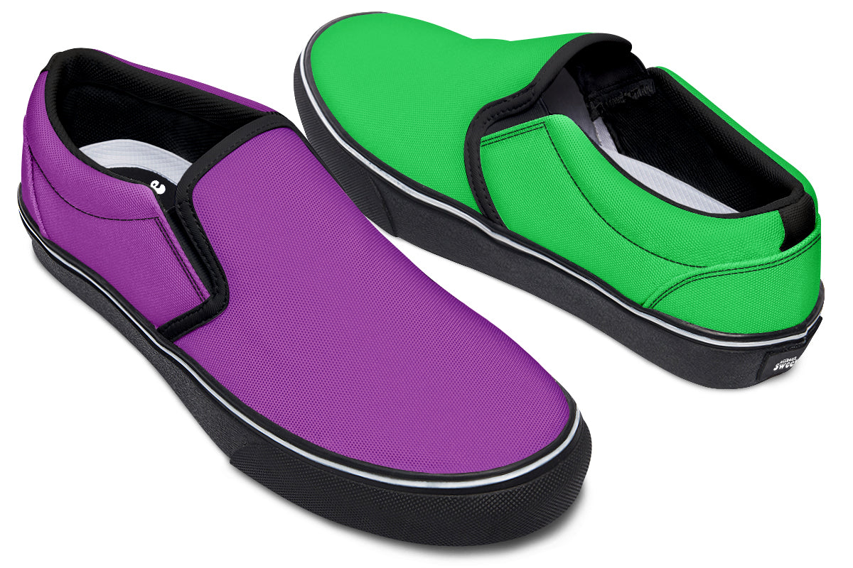 Green And Purple Mismatch Slip Ons