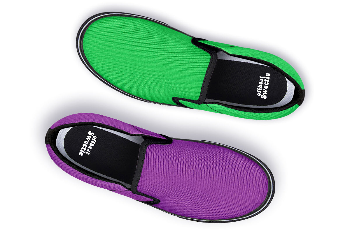 Green And Purple Mismatch Slip Ons