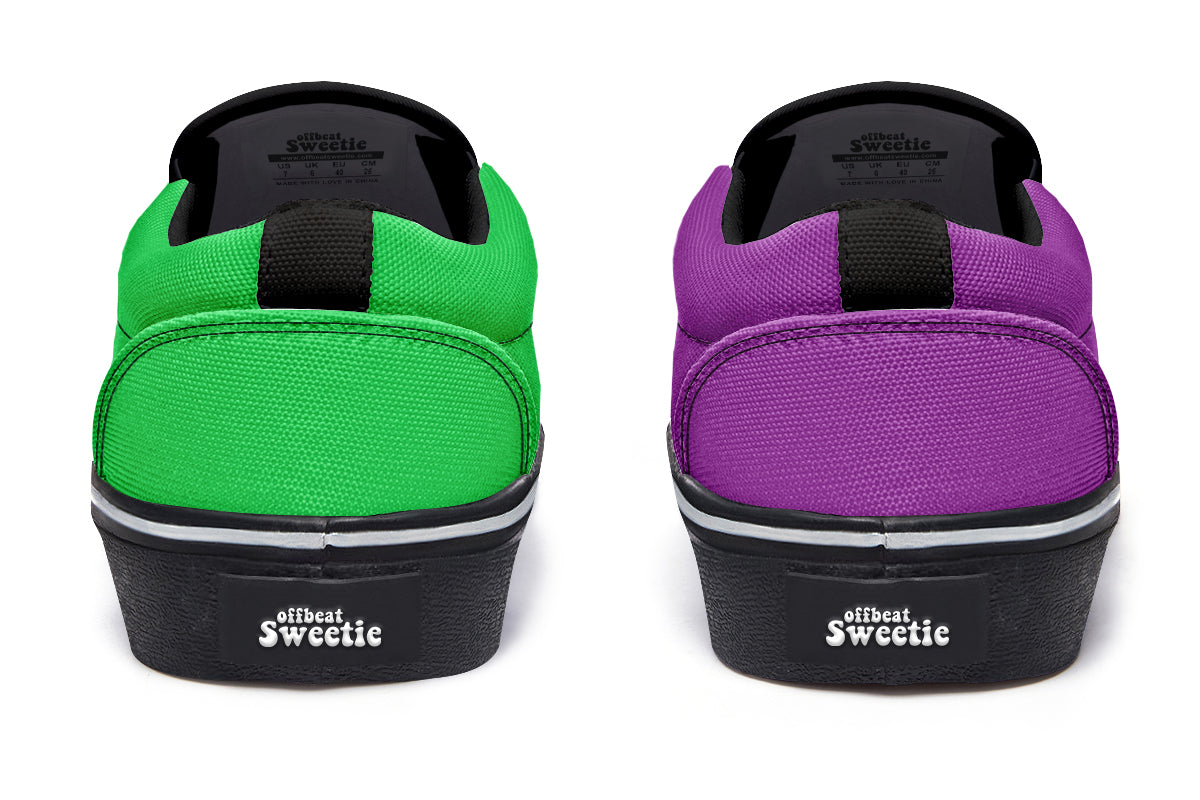 Green And Purple Mismatch Slip Ons