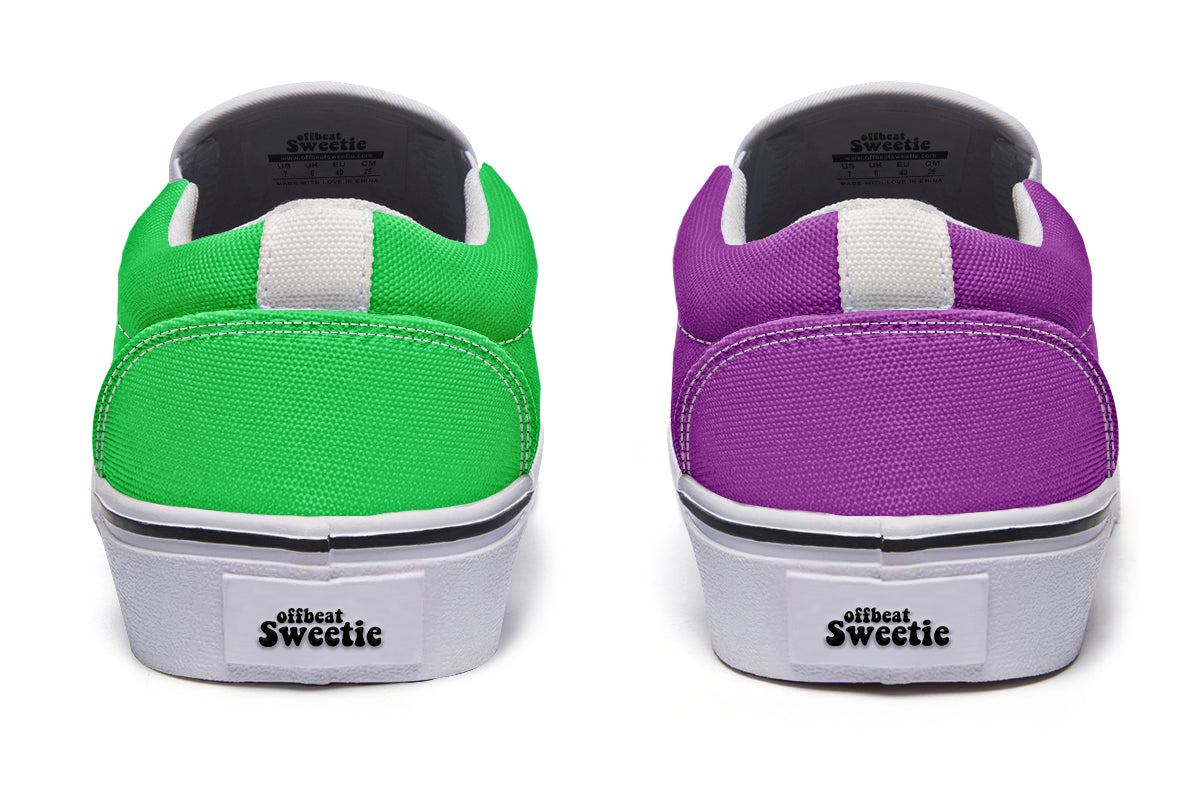 Green And Purple Mismatch Slip Ons