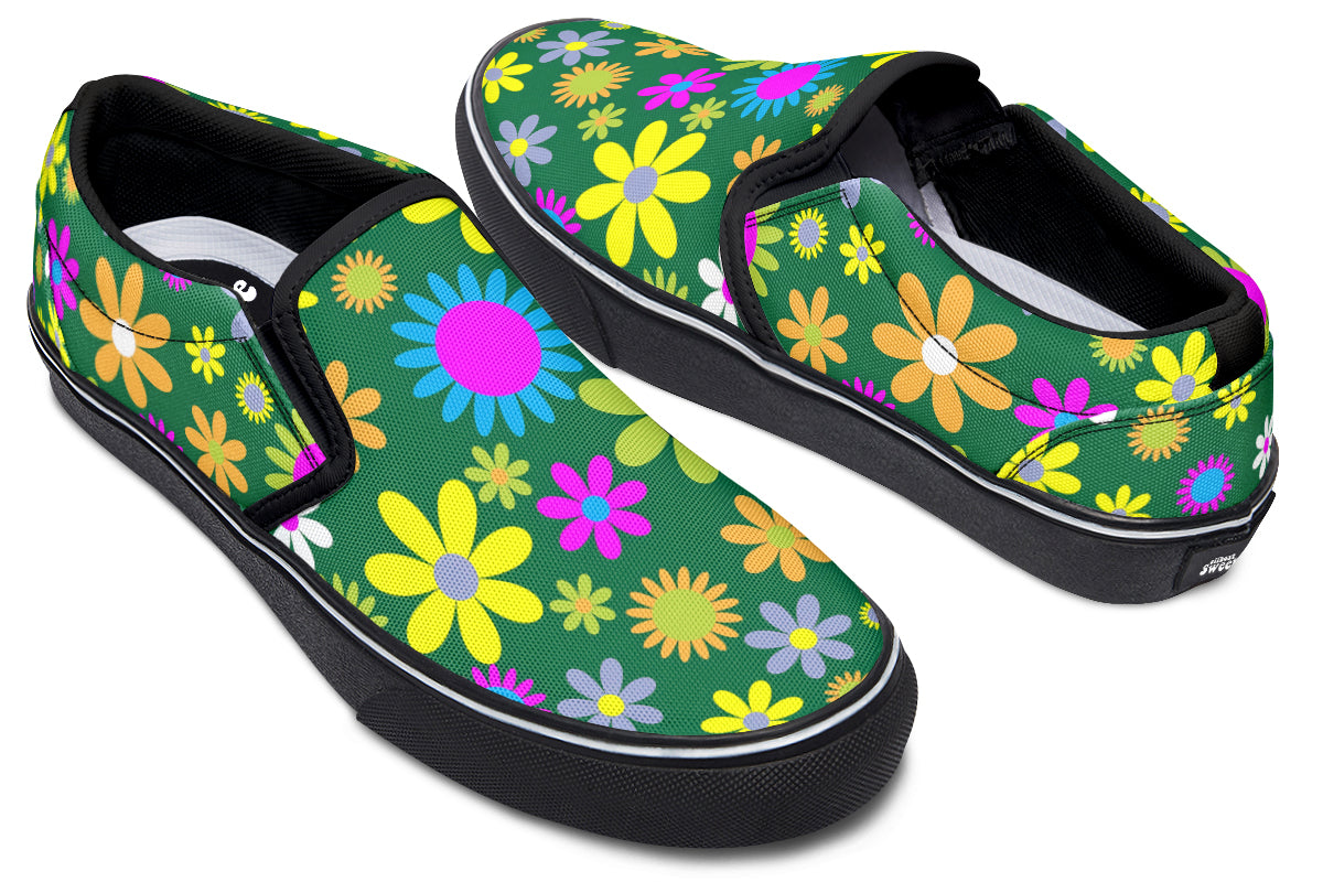 Green Retro Flowers Slip Ons