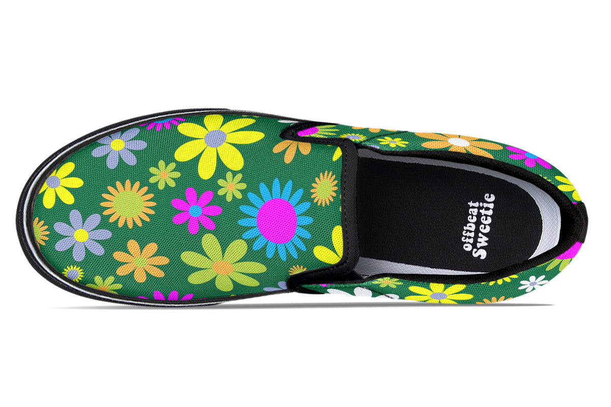 Green Retro Flowers Slip Ons