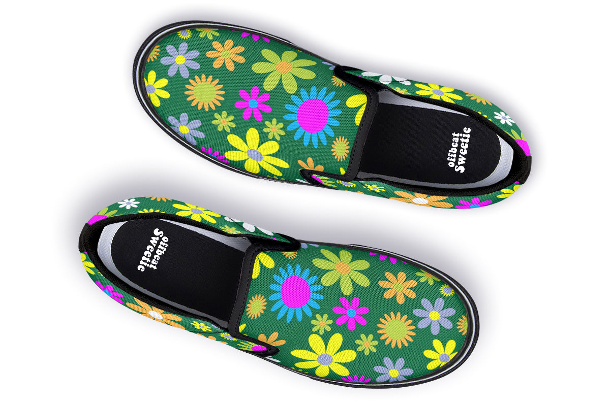 Green Retro Flowers Slip Ons