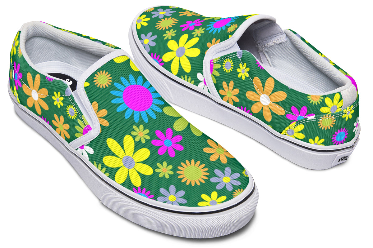 Green Retro Flowers Slip Ons