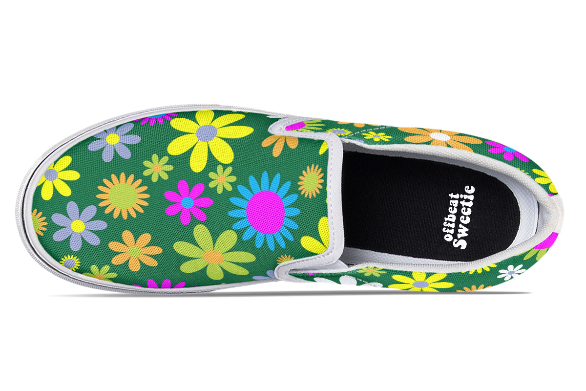 Green Retro Flowers Slip Ons