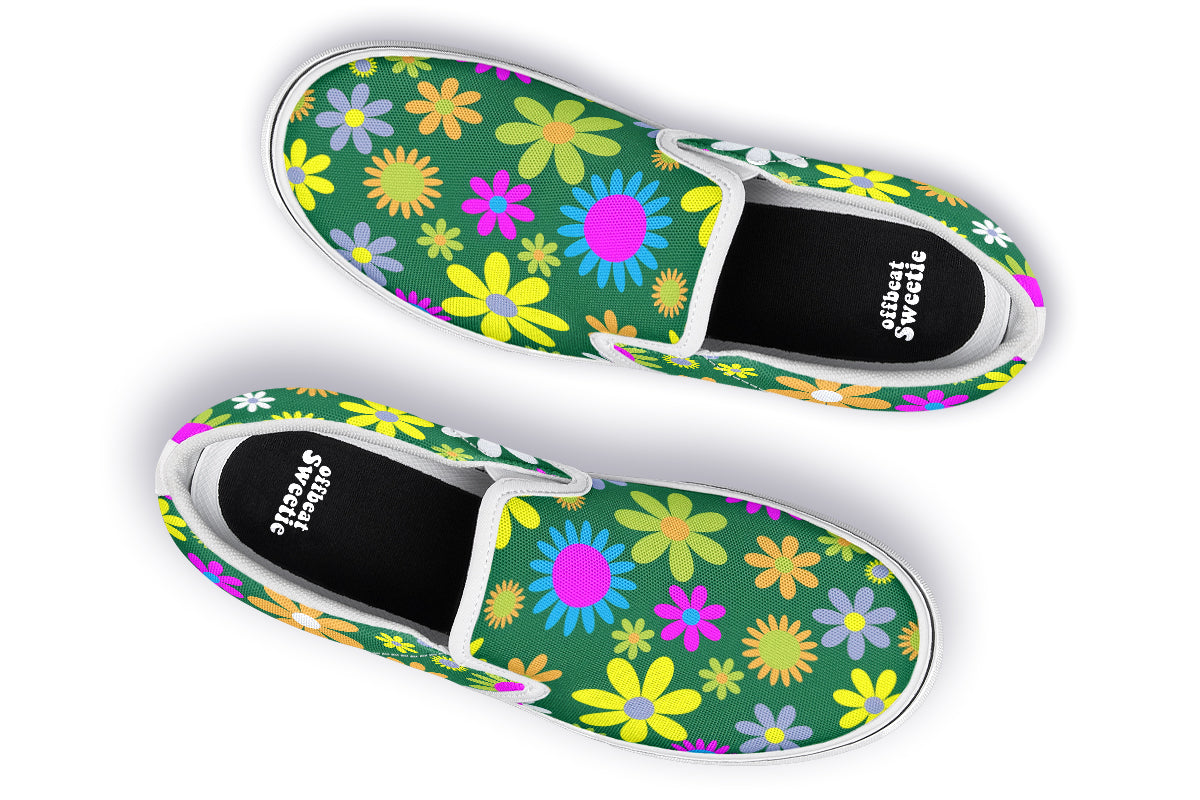 Green Retro Flowers Slip Ons