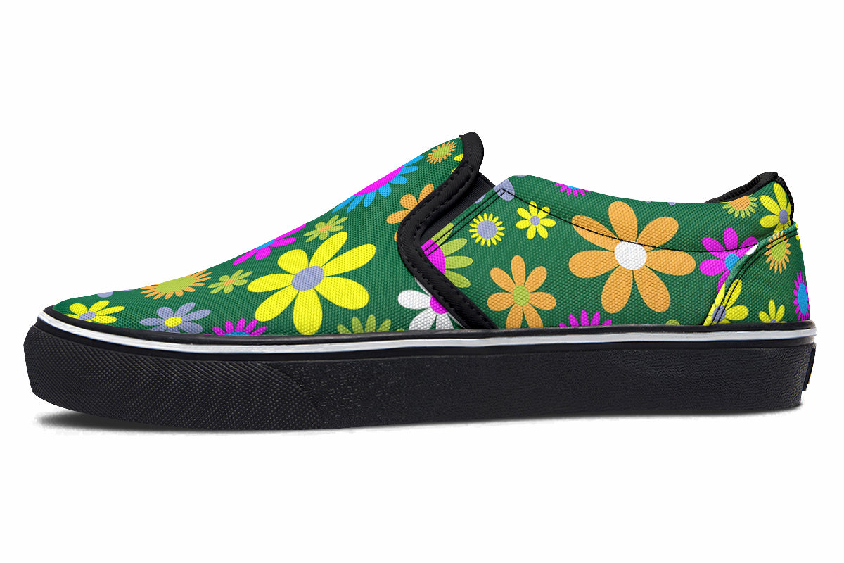 Green Retro Flowers Slip Ons