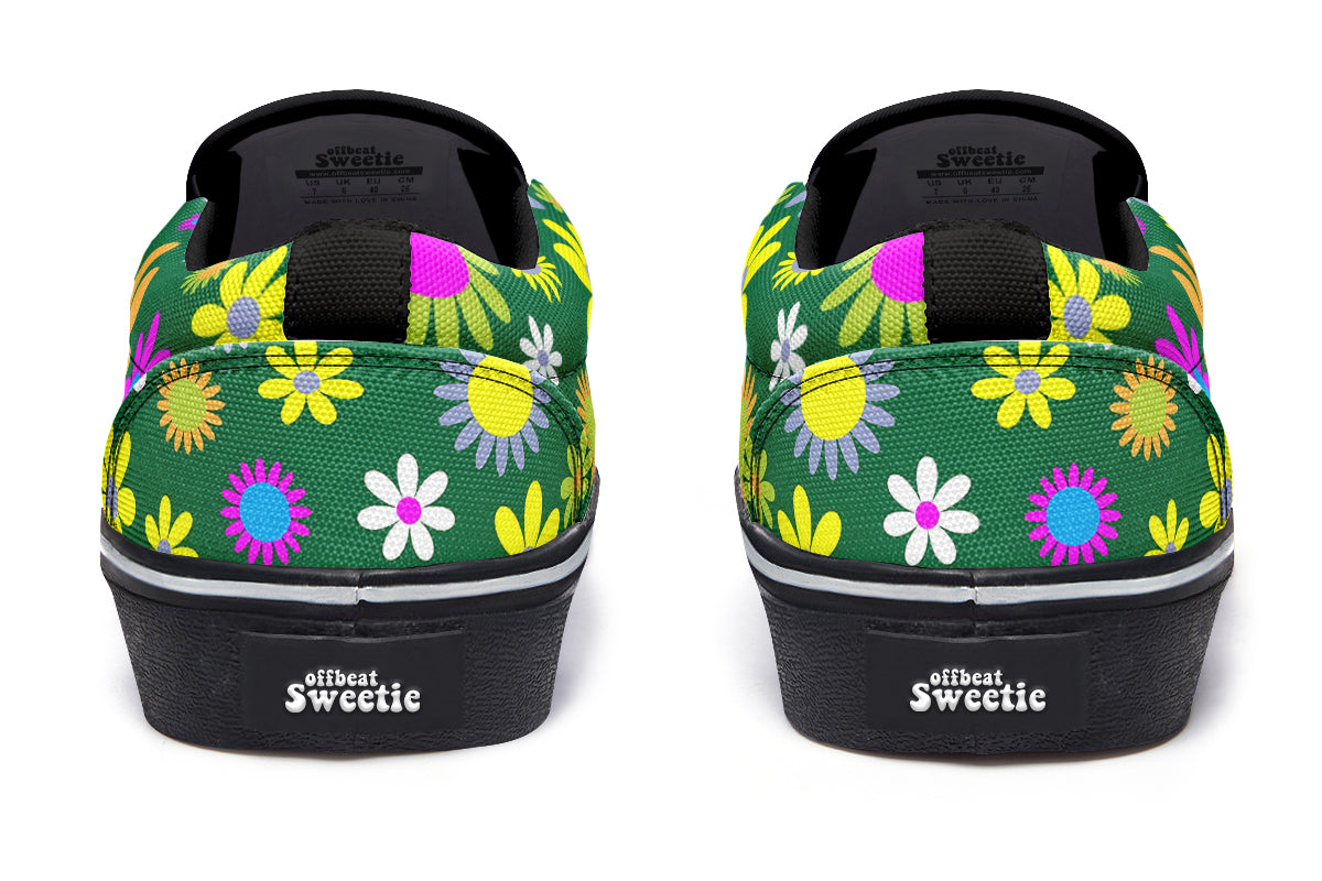 Green Retro Flowers Slip Ons