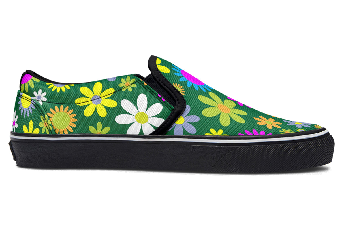 Green Retro Flowers Slip Ons