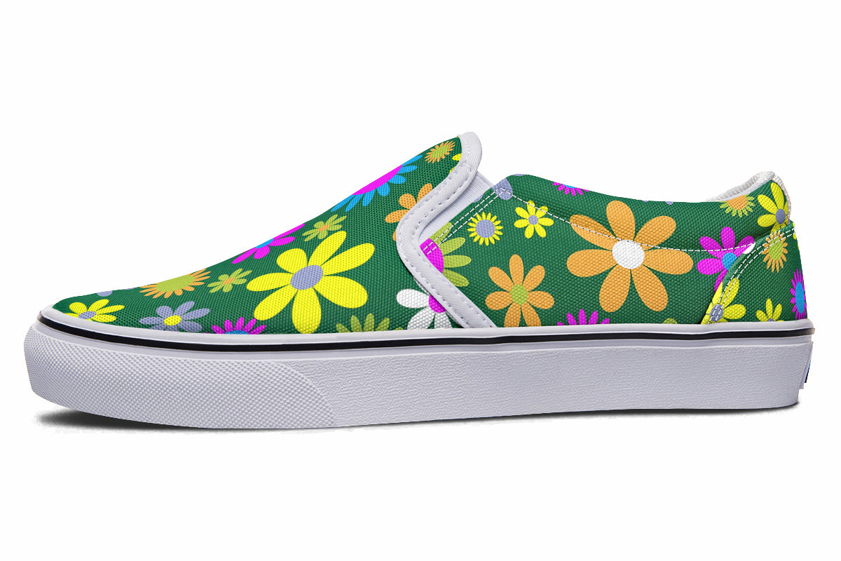 Green Retro Flowers Slip Ons