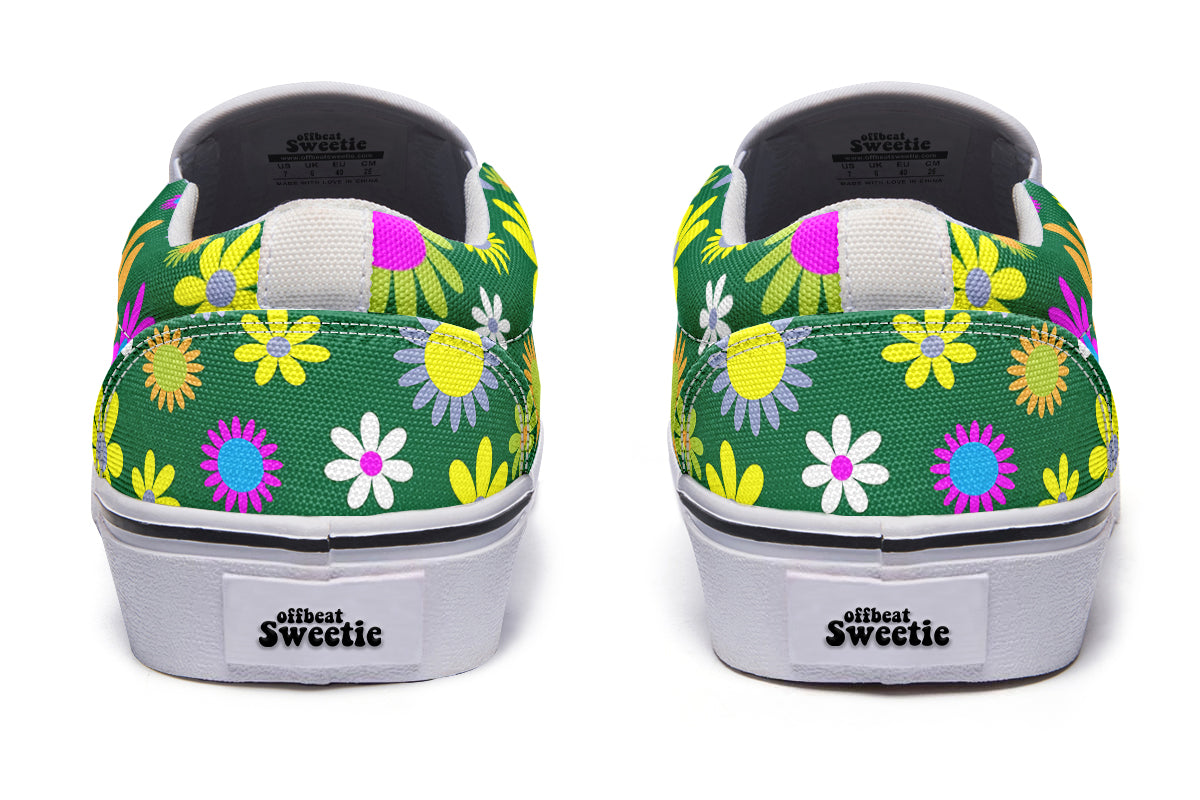 Green Retro Flowers Slip Ons