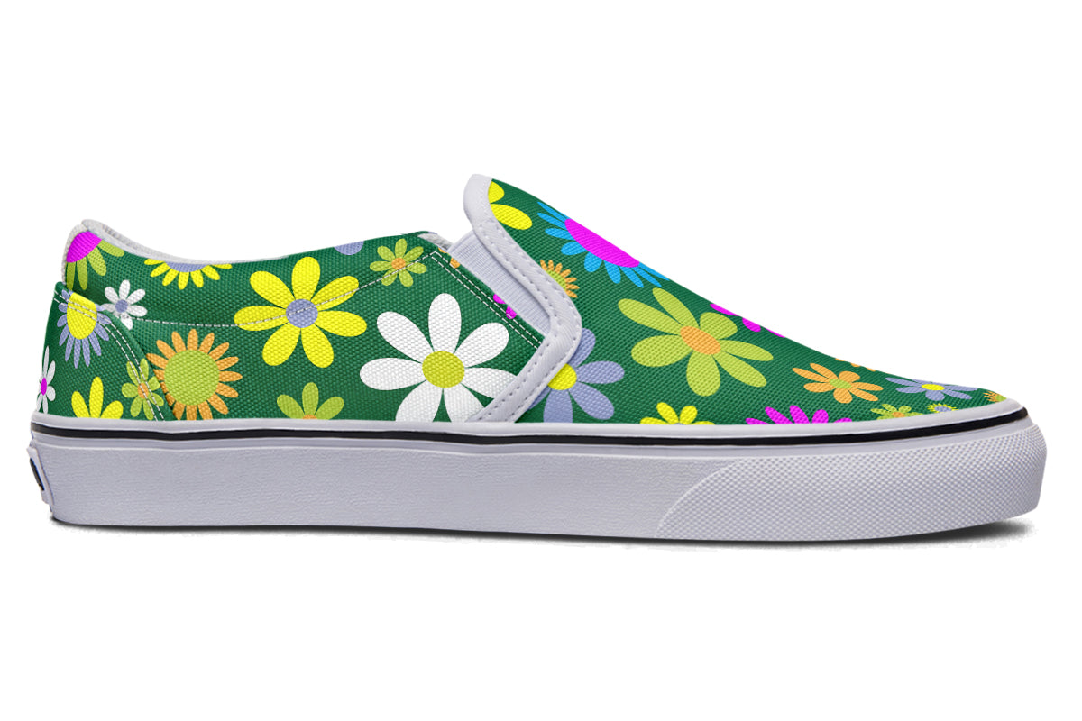 Green Retro Flowers Slip Ons