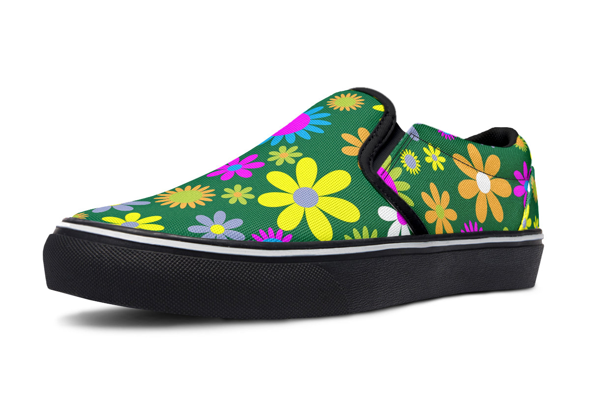 Green Retro Flowers Slip Ons