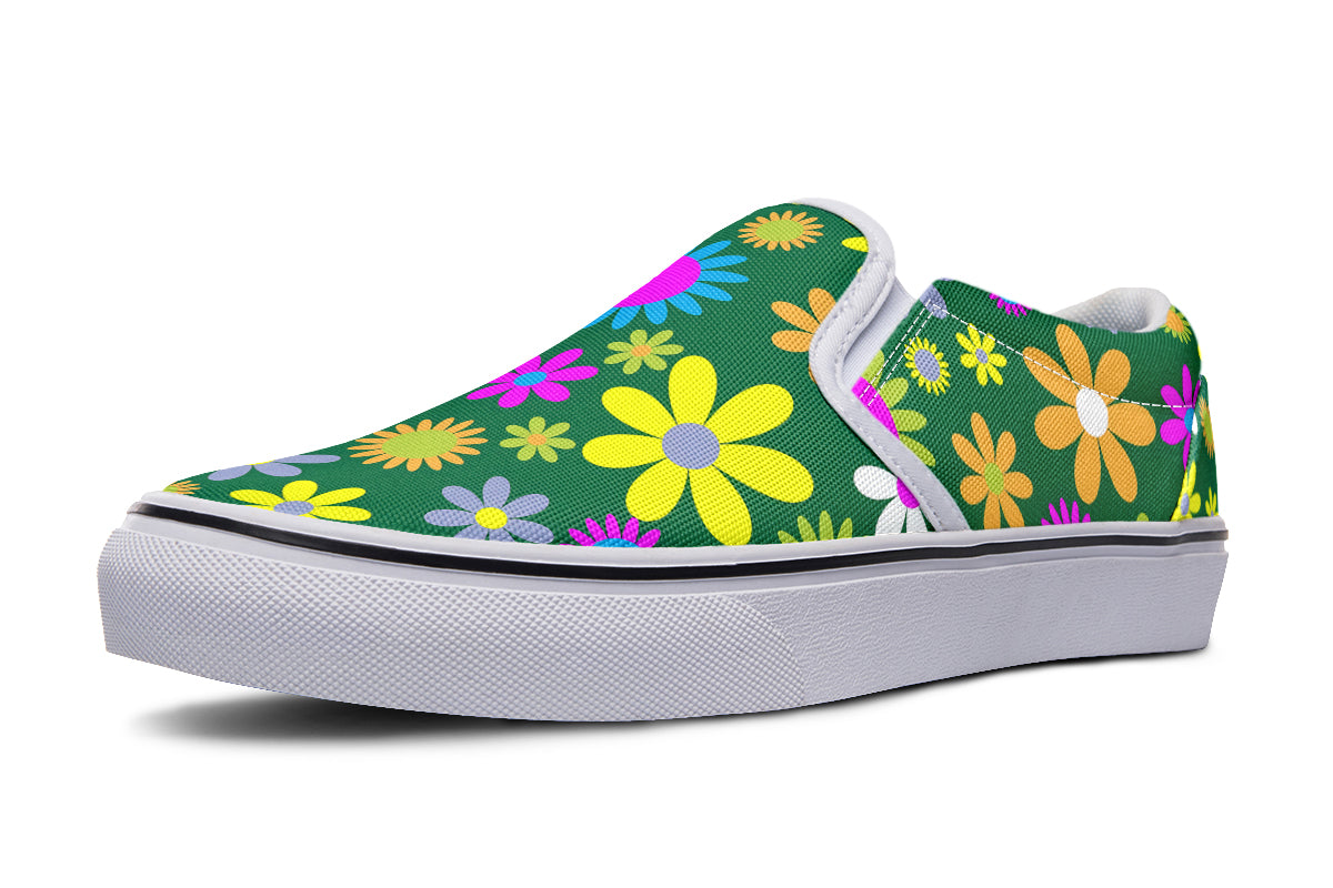 Green Retro Flowers Slip Ons