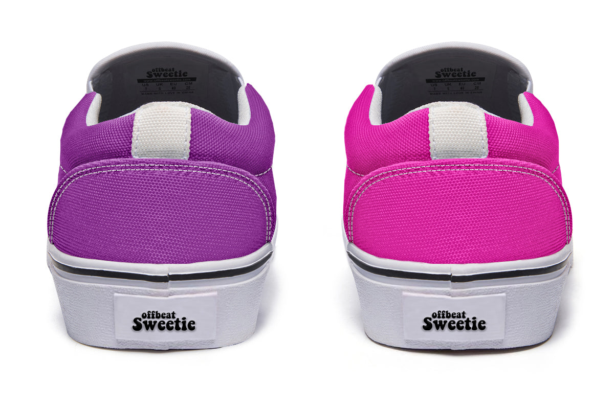 Purple And Pink Mismatch Slip Ons