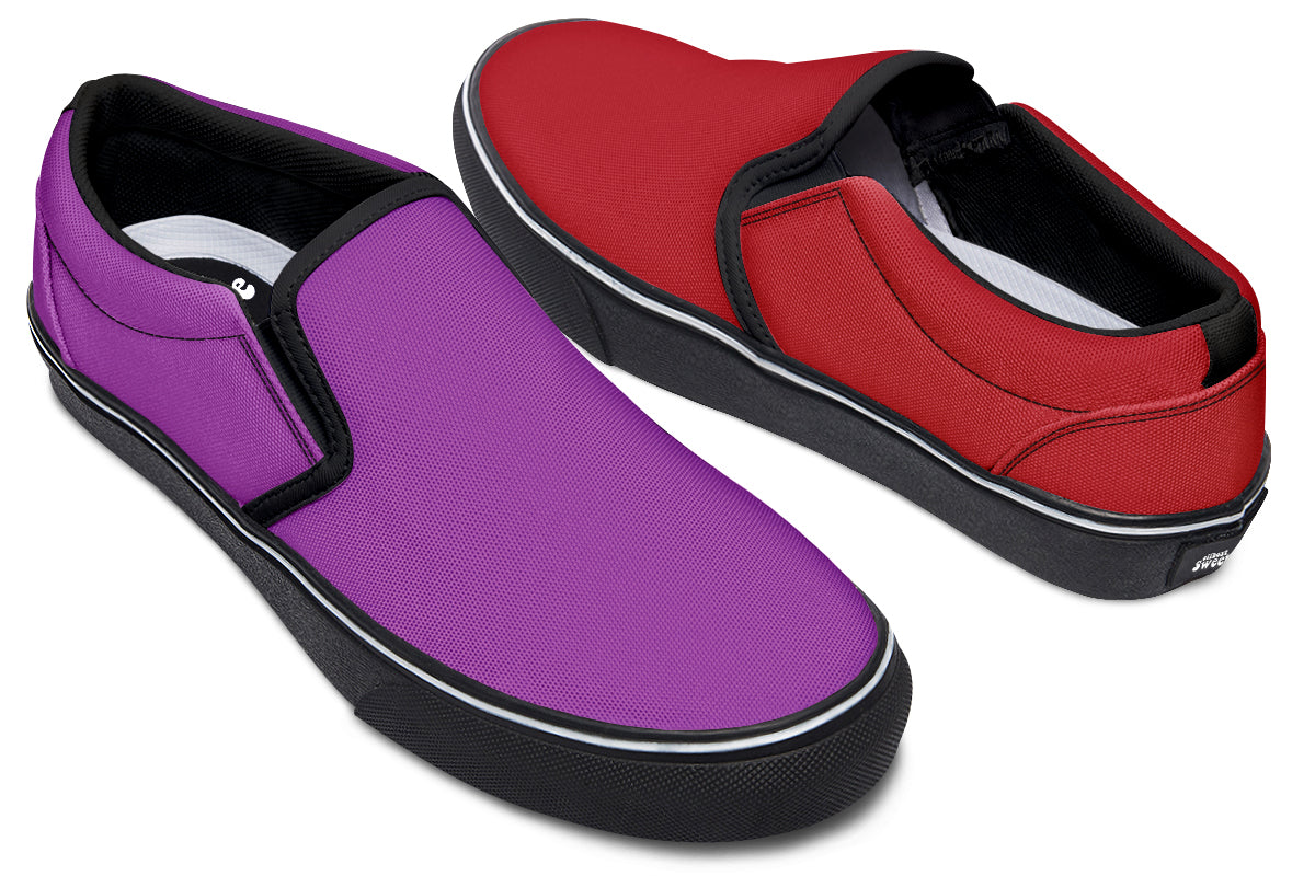 Purple And Red Mismatch Slip Ons