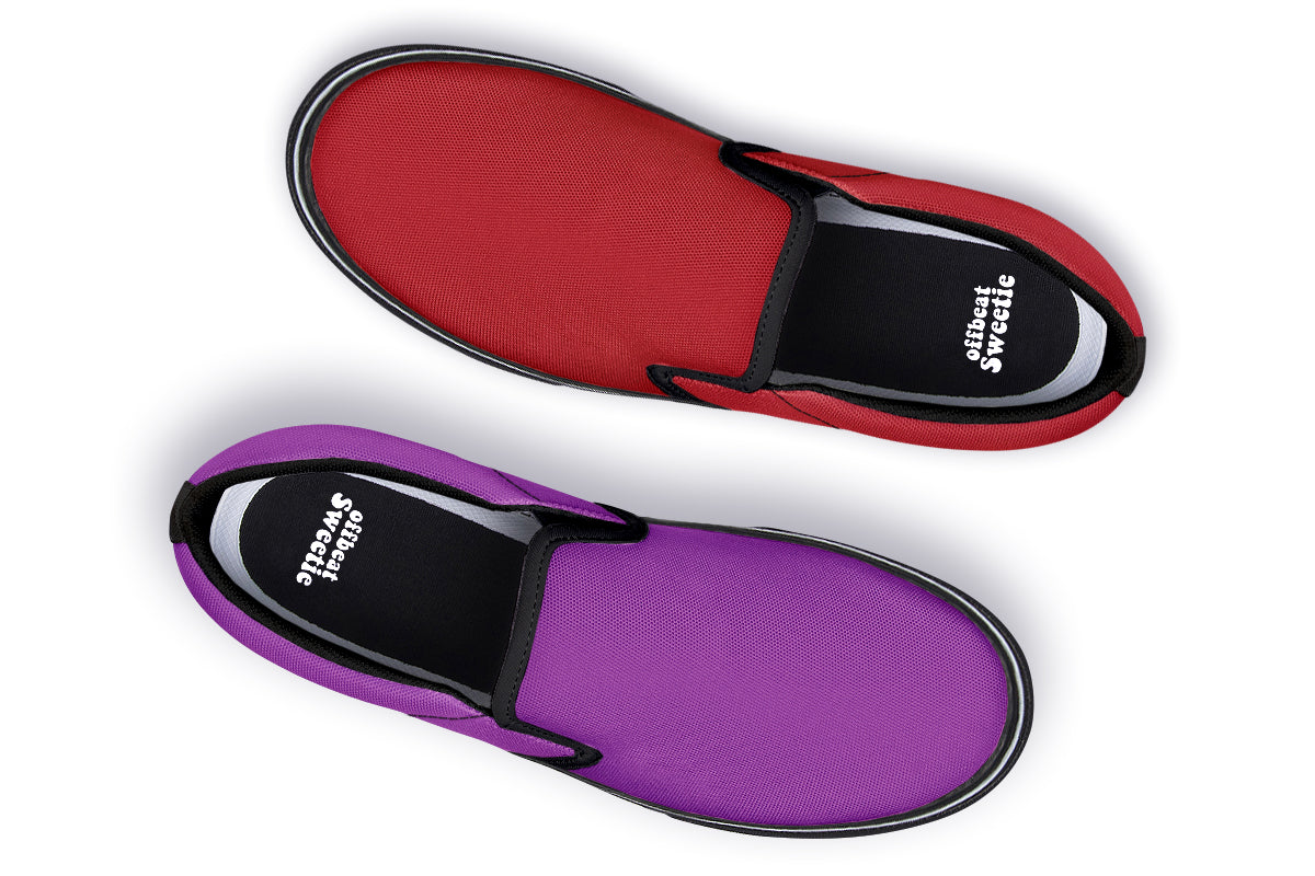 Purple And Red Mismatch Slip Ons