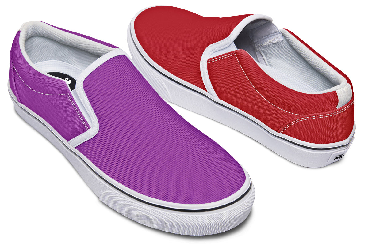 Purple And Red Mismatch Slip Ons