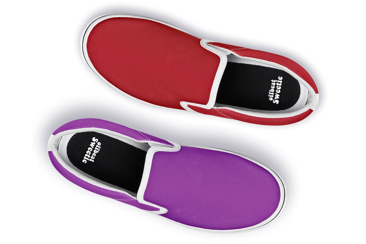 Purple And Red Mismatch Slip Ons