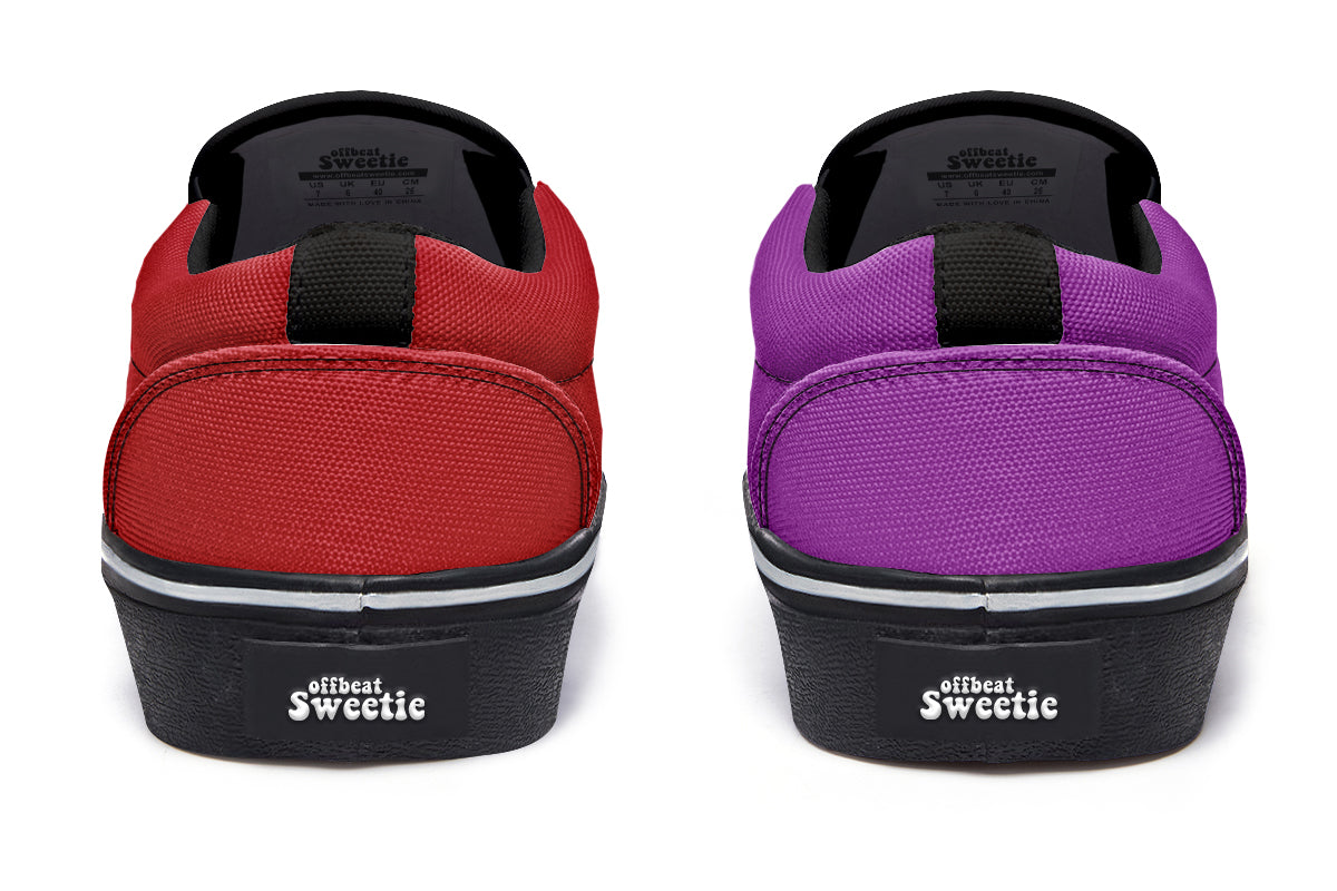 Purple And Red Mismatch Slip Ons